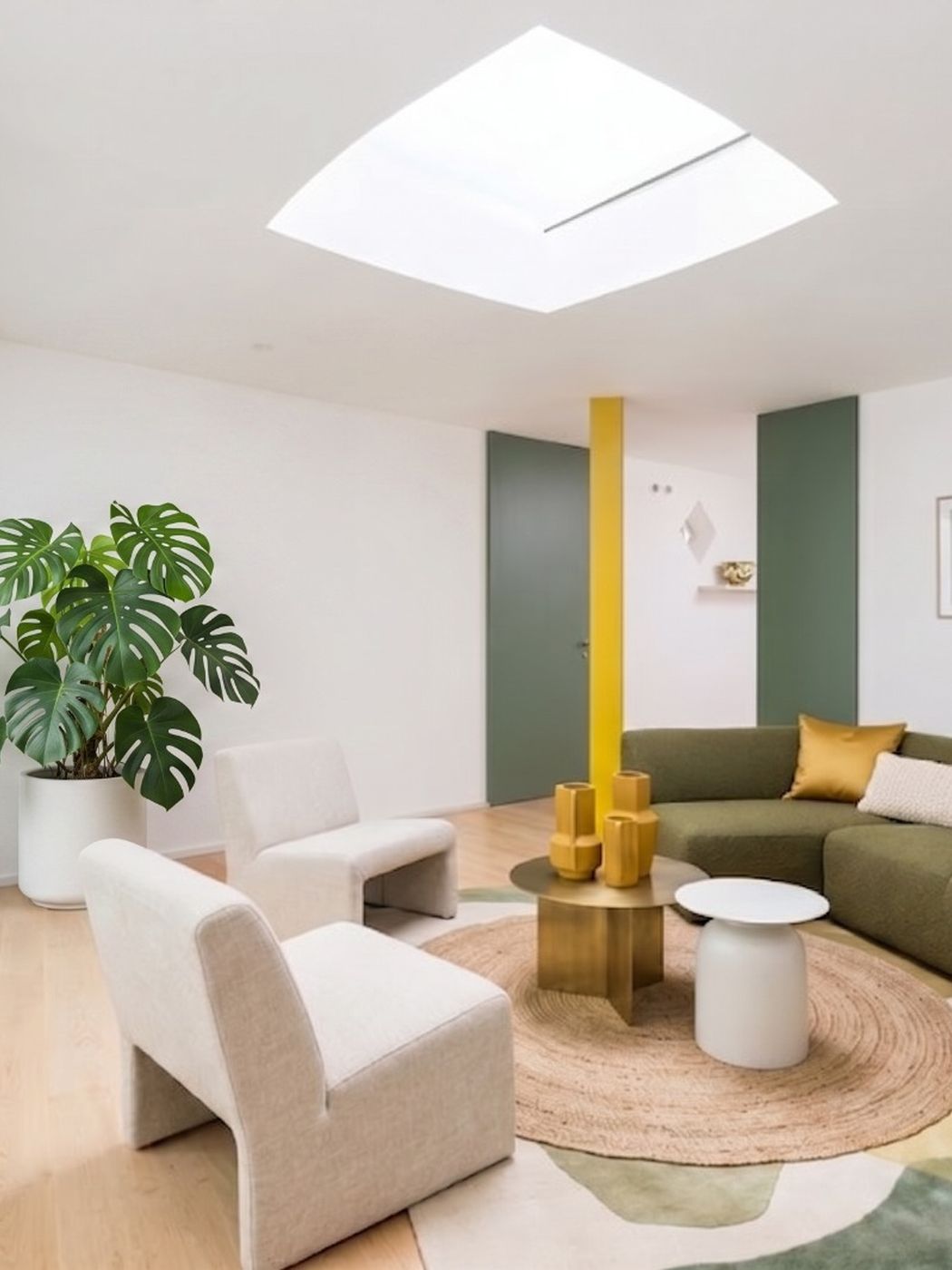 Sala remodelada com claraboia, pavimento em madeira e parede em verde, em Lisboa